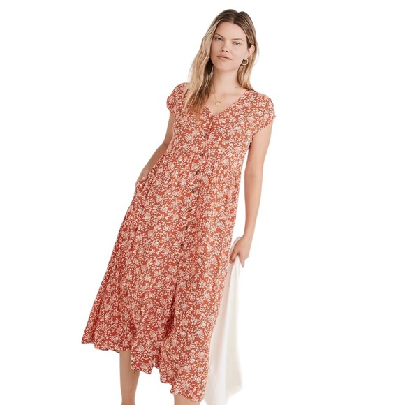 Madewell Dresses & Skirts - Madewell Piazza Floral Button Front Midi Dress Orange Size Large